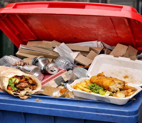 Recycling bin contaminated with food waste