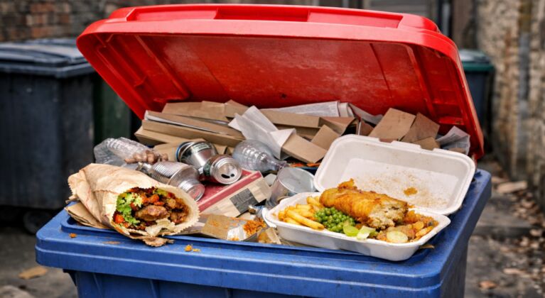 Recycling bin contaminated with food waste