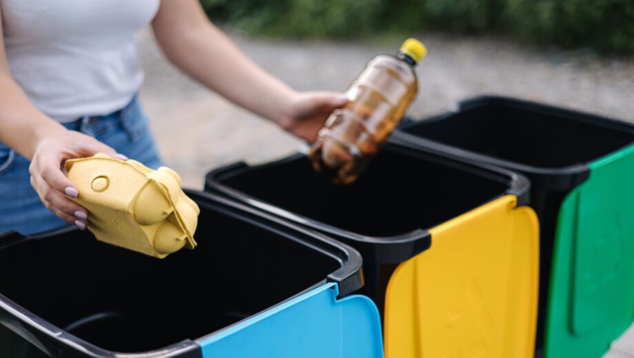 Lady throwing rubbish in wheelie bins outside
